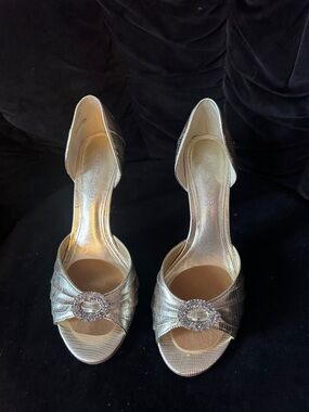 ALDO Silver Open-Toe Heels with Rhinestone Buckle